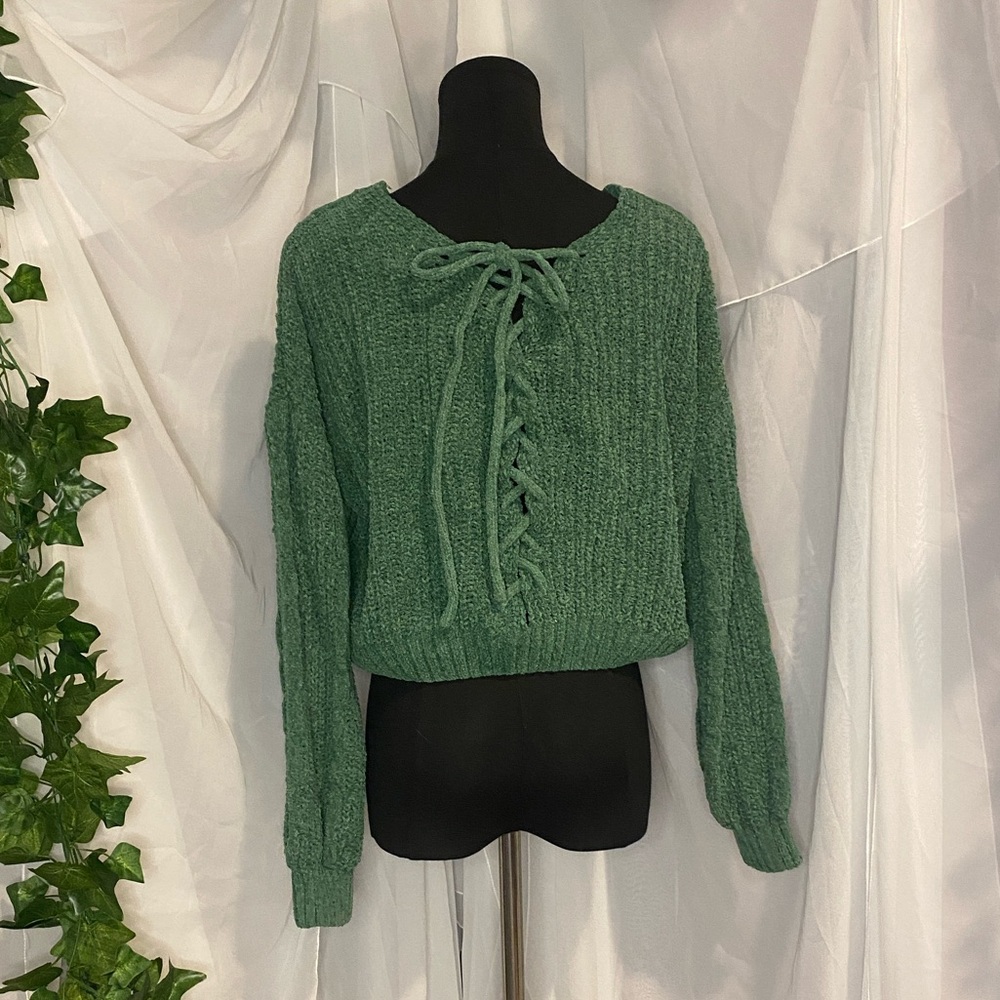 Cropped Teal Cable Knit Sweater with Lace Up Back
